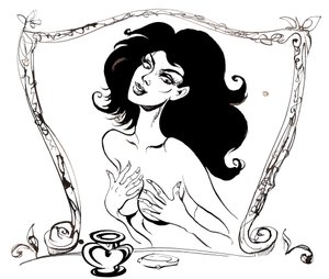 Margherita davanti allo specchio, illustrazione per Il Maestro e Margherita di Mikhail Bulgakov (drammaturgo e autore russo, 1891-1940); disegno a inchiostro, 2015 da Neale Osborne